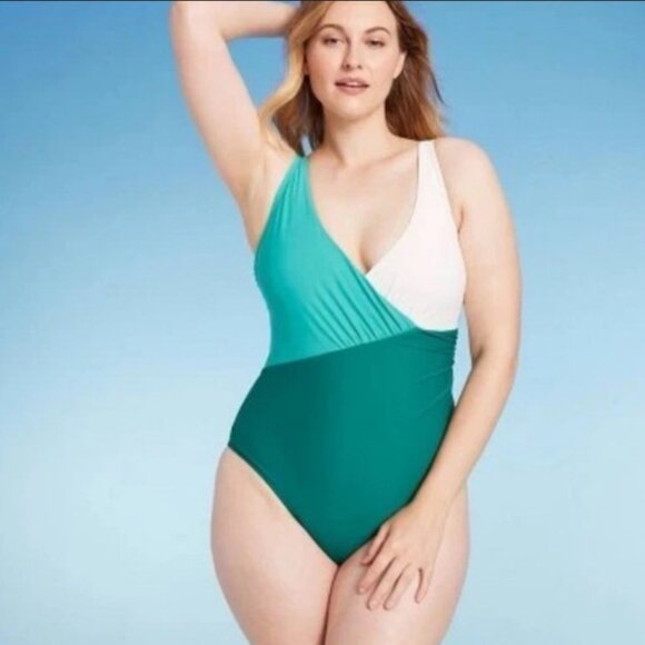 Front Wrap Colorblock Full Coverage One Piece Swimsuit - Shade & Shore Teal S - Picture 3 of 4